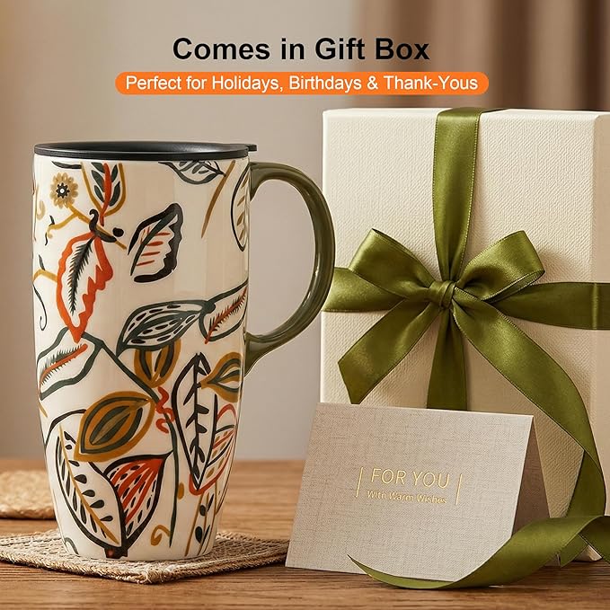 Topadorn 17oz Ceramic Coffee Travel Mug - Leak-Proof Lid, Handcrafted Leaf Pattern Tea & Latte Cup