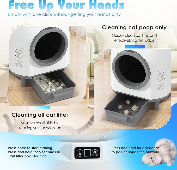 Automatic Cat Litter Box, Self Cleaning Litter Box with APP Control for Multiple Cats, Large Robot Kitty Litter Box with Safety Sensors, Odor Removal, 2 Roll Garbage Bags, 90L Cat Ears Design