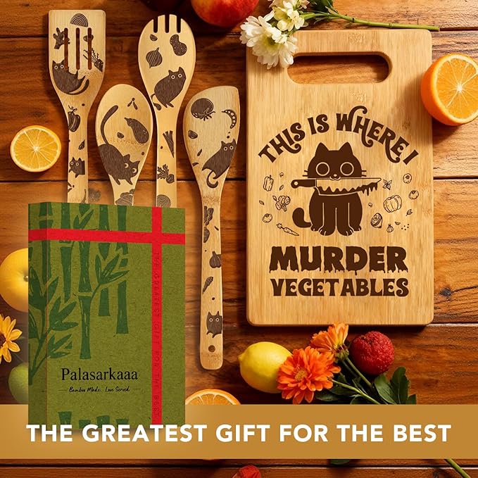 6 Pcs Funny Cute Cat Murder Vegetable Cutting Board with Spoons & Cleaning Sponge, Unique Cat Gifts for Cat Lover Women, Gifts for Christmas Birthday Housewarming, Black Cat Decor for Kitchen