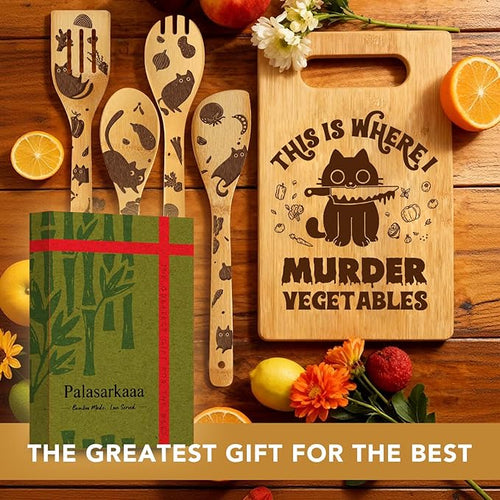 6 Pcs Funny Cute Cat Murder Vegetable Cutting Board with Spoons & Cleaning Sponge, Unique Cat Gifts for Cat Lover Women, Gifts for Christmas Birthday Housewarming, Black Cat Decor for Kitchen
