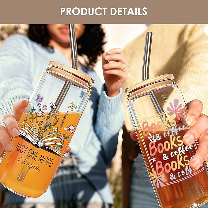 Joeyan Glass Cups with Lids and Straws - 20oz Iced Coffee Cup, Books Coffee Lover Glass Tumbler, Aesthetic Reading Drinking Glasses for Smoothie Boba Tea, Book Lover Gift for Women, Reader, Friend