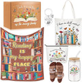 Paterr 6 Pcs Book Lover Gifts for Women, Mother's Day Book Club Gifts for Bookish, Canvas Tote Bag Makeup Bag Print Blanket Socks 16oz Glass Coffee Cup with Straw Cute Keychain for Librarian Birthday
