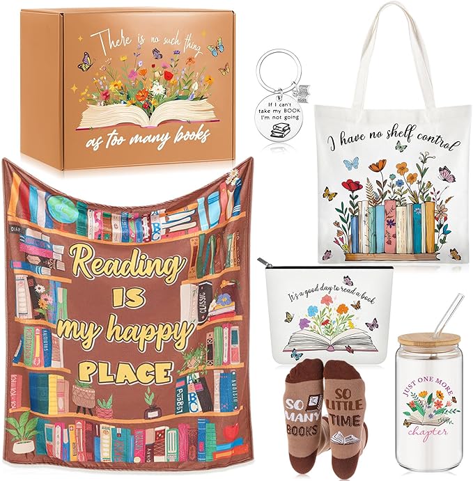 Paterr 6 Pcs Book Lover Gifts for Women, Mother's Day Book Club Gifts for Bookish, Canvas Tote Bag Makeup Bag Print Blanket Socks 16oz Glass Coffee Cup with Straw Cute Keychain for Librarian Birthday