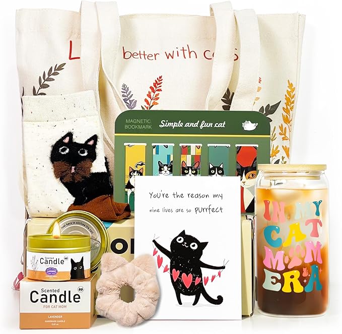Cat Lover Gifts For Women, Cat Mom Gifts, Cat's Themed Box For Crazy Cats Lady, Mothers Day Gift For daughter, Christmas Birthday Gift For Cats Lovers Bestfriend Coworke Daughter with 16 oz Glass Cup