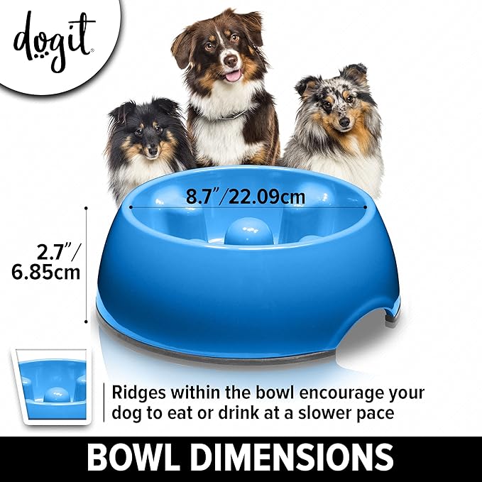 Dogit Dog Bowl Slow Feeder for Wet or Dry Dog Food, Go Slow Anti-Gulping Dog Dish, Blue, M