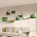 9-in-1 Cat Wall Shelves, Multi-Level Wall Mounted Cats Furniture Set with Plush Fabric, Floor Space-Saving Wooden Cat Climbing Wall Systems with Scratching Post, Bridge Ladder, Condos, Green
