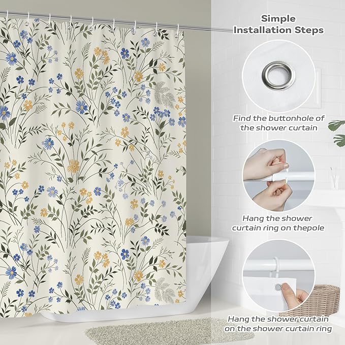 Country Wildflower Cute Shower Curtain,Blue and Yellow Floral Green Leaf Plant Spring Summer Botanical Plant Pattern, Waterproof Polyester Washable Bath Curtains with 12 Hooks,72 x 72 Inches