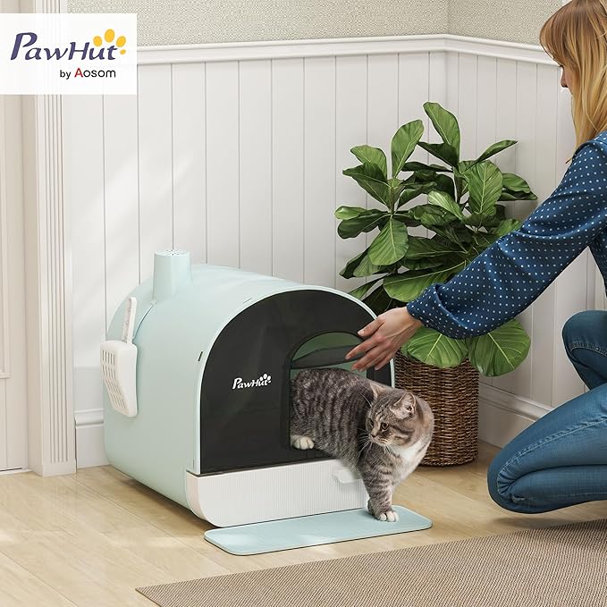PawHut Cat Litter Box with Lid, Covered Litter Box for Indoor Cats with Tray, Scoop, Mat, Filter, 17" x 17" x 18.5", Green