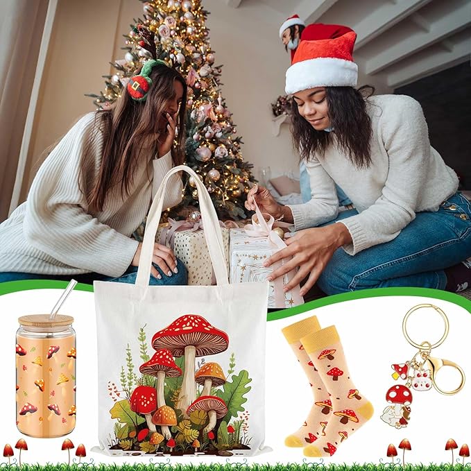 Paterr 4 Pcs Mushroom Gifts for Women Mushroom Lover Gift for Mother's Day Birthday Decorations, with Canvas Tote Bag 16oz Glass Coffee Cup with Straw Socks Cute Keychain