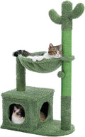 MUTTROS Cactus Cat Tree 40" Cat Tower with Large Metal Carpet Hammock, Cat Scratching Post for Indoor Cats with Condo & Replaceable Toy Ball, Green