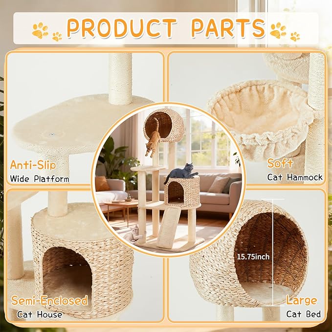 Rattan Cat Tree,60.2'' Tall Modern Cat Tree Tower with Scratching Post for Indoor Cats Large Adult,Luxury Multi Level Cattail Cat Condo with Big House,Hammock,Scratcher Board for Multiple Cats