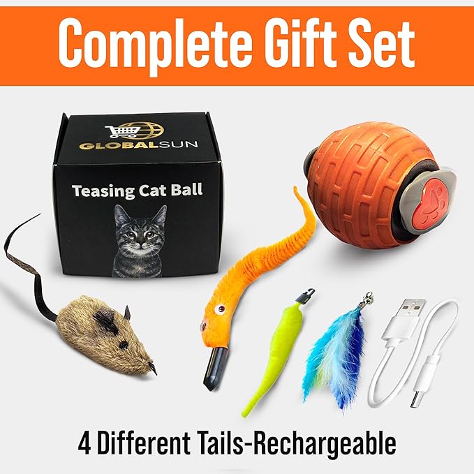 Interactive Cat Toy for Indoor Cats & Kittens – GlobalSun Speedy Tail 2.0 Motion Activated Automatic Cat Toy Ball – USB Rechargeable Moving Ball with 4 Tails Including Mouse for Enrichment