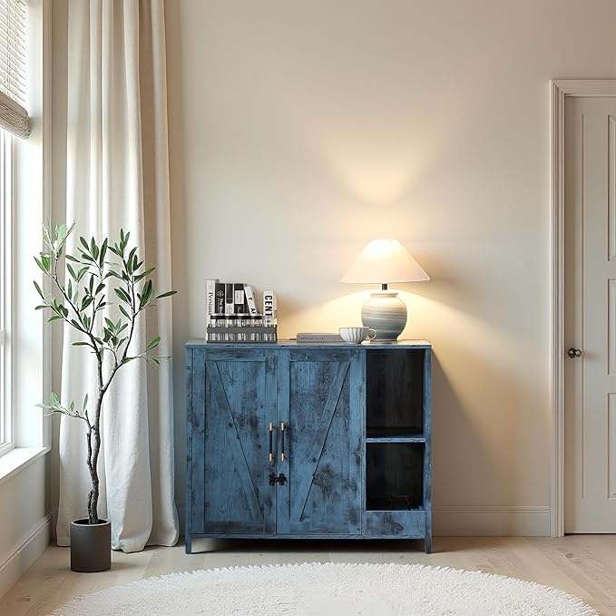 Cat Litter Box Cabinet with Litter Collector and a Dog-Proof Adjustable Shelf,Litter Box Enclosure Compatible with Cat Robot 3 & 4, and Integrated Power Outlet (Blue)