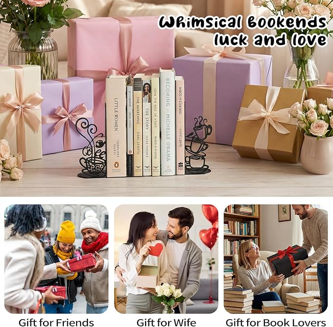 Creative Coffee Cup Decorative Bookend for Shelves, Metal Bookends for Heavy Books, Unique Cute Cookbook Organizer Book Holder for Kitchen Housewarming Cooking Book Lover Gifts