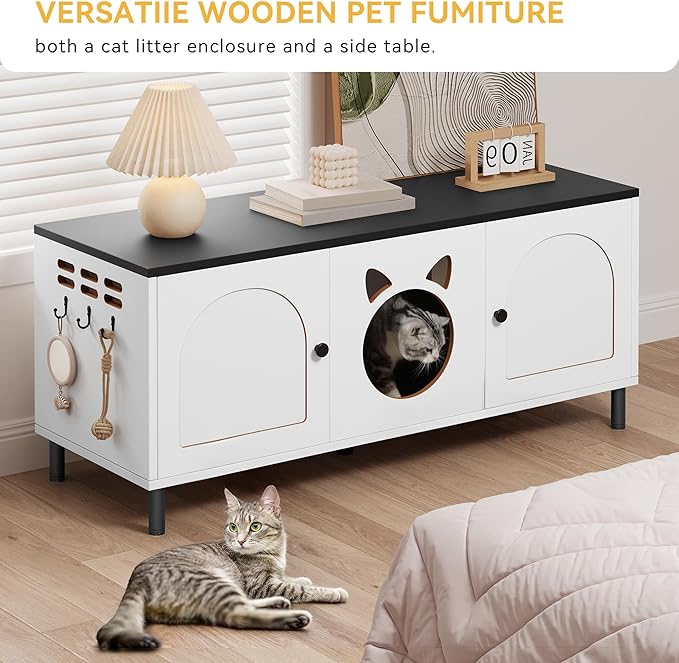YITAHOME Cat Litter Box Enclosure, 47.2in Litter Box Furniture Hidden, Wooden Washroom Furniture, Hidden Litter Boxes Cover, Cat House Fit Most of Litter Cabinet, End Table, Nightstand, White+Black