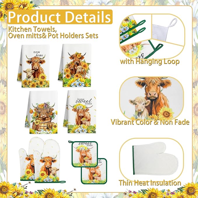 10 PCS Highland Cow Decor Kitchen Accessories - Sets 4 Dish Towels 2 Pot Holders 2 Oven Mitts 2 Rugs for Home Sweet Home Sunflower Cattle Bathroom Cooking Farmhome Housewarming Baking Gifts
