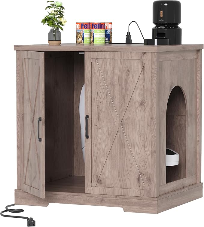 Heybly 34.5" Litter Box Enclosure,Large Robot Cabinet with Charging Station,Wooden Cat Litter Box Enclosure Furniture for Self-Cleaning Robot 3 & 4,Hidden for Smart Litter Box Size,Greige HCLB004SG