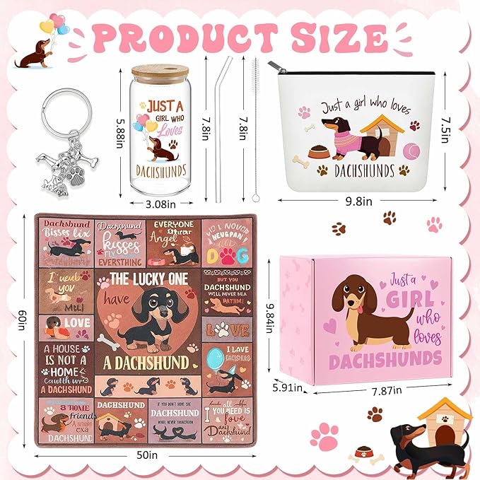 Paterr 6 Pcs Dachshund Lover Gifts for Women, Weiner Dog Gifts Canvas Tote Bag Makeup Bag Print Blanket Socks 16oz Glass Coffee Cup with Straw Cute Keychain for Mother's Day Birthday Girls Daughters