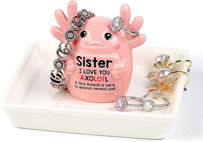 Sister Gifts: Pink Axolotl Ring Holder - Sister I Love You Axolotl - Gifts for Sisters Mother's Day, Birthday, Christmas & Wedding, Jewelry Organizer for Rings Bracelets Earrings Neckalce