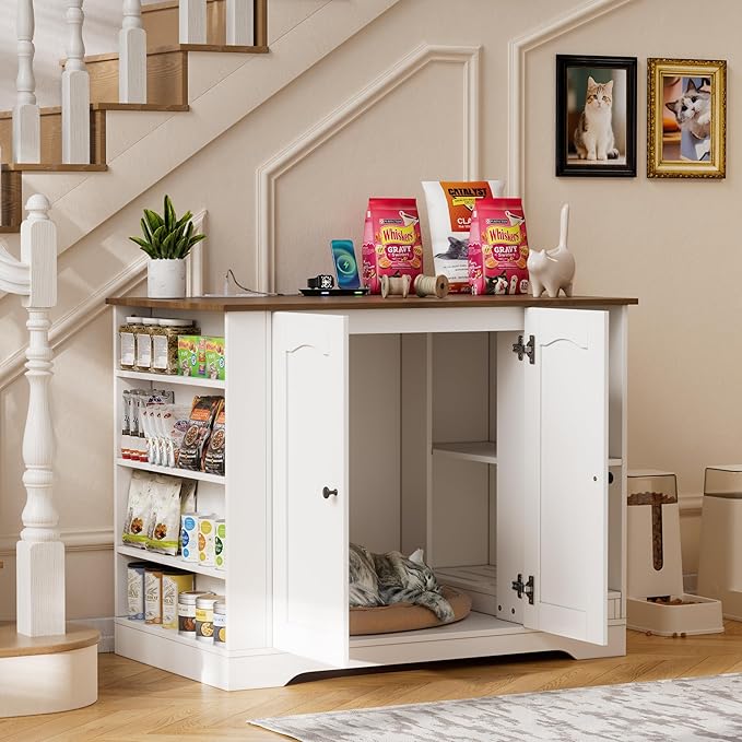 KCRET Cat Litter Enclosure with Litter Collector, Furniture for Self-Cleaning Litter Box, Large Hidden Litter Box Furniture with Charging Station Wooden Cat House
