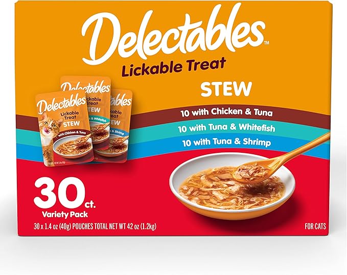 Delectables Lickable Treat Stew Wet Cat Treat Variety Pack, Food Topper, Hydrating, Grain-Free, No Fillers, No By-Products, No Added Preservatives, 1.4oz Pouch, 30ct