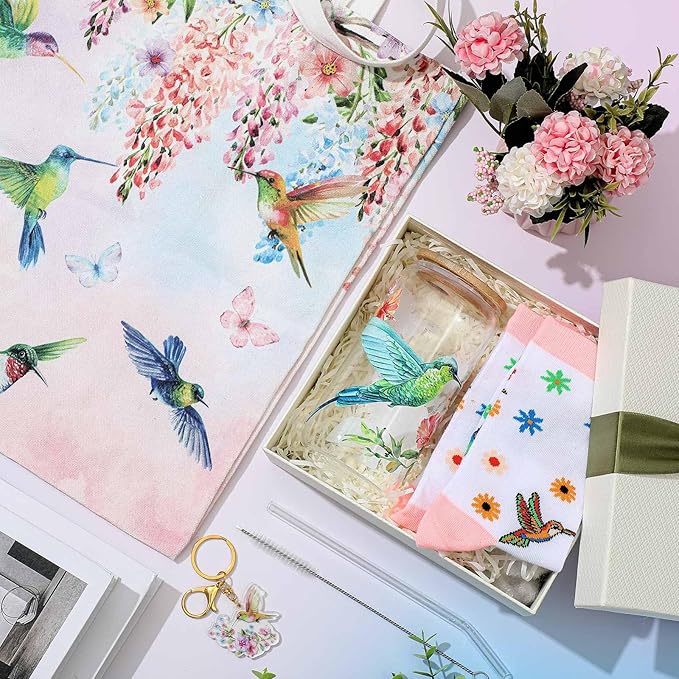 Paterr 4 Pcs Hummingbird Gifts for Women, Hummingbird Lover Gifts for Valentine's Day Birthday Mother's Day Decorations, with Canvas Tote Bag 16oz Glass Coffee Cup with Straw Cute Keychain Socks