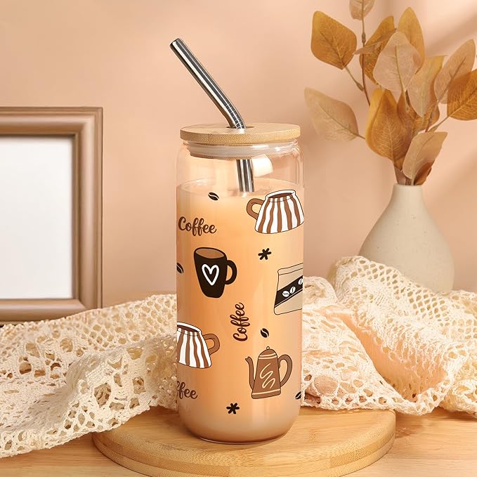 Joeyan Glass Cup with Lid and Straw - 20oz Iced Coffee Cups with Positive Crochet Coffee Mug Doll, Funny Coffee Gifts for Women, Coffee Lover Tumbler for Smoothie Boba Tea, Espresso Gift for Her