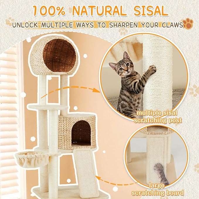 Rattan Cat Tree,60.2'' Tall Modern Cat Tree Tower with Scratching Post for Indoor Cats Large Adult,Luxury Multi Level Cattail Cat Condo with Big House,Hammock,Scratcher Board for Multiple Cats