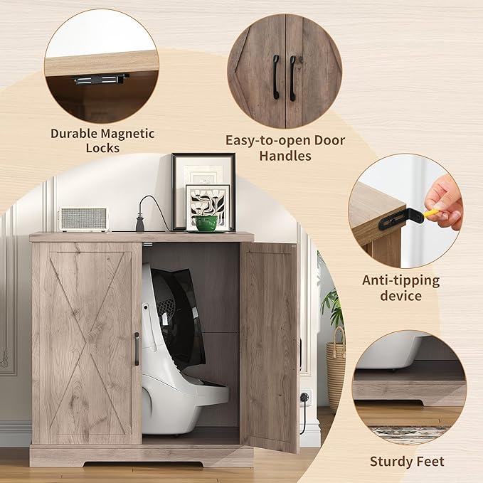 Hey-brother Enclosure for Self Cleaning Cat Litter Box, Large Hidden Litter Box Furniture with Charging Station, Suitable for Automatic Cats Litter Boxes and Robot, Vintage, Rustic Gray JCLB004SG