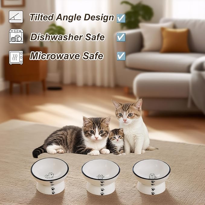 Anti-Rollover Elevated Ceramic Cat Bowls with Paw Prints for Holding Food and Water, Black Border, Suitable for Small Dogs and Pets