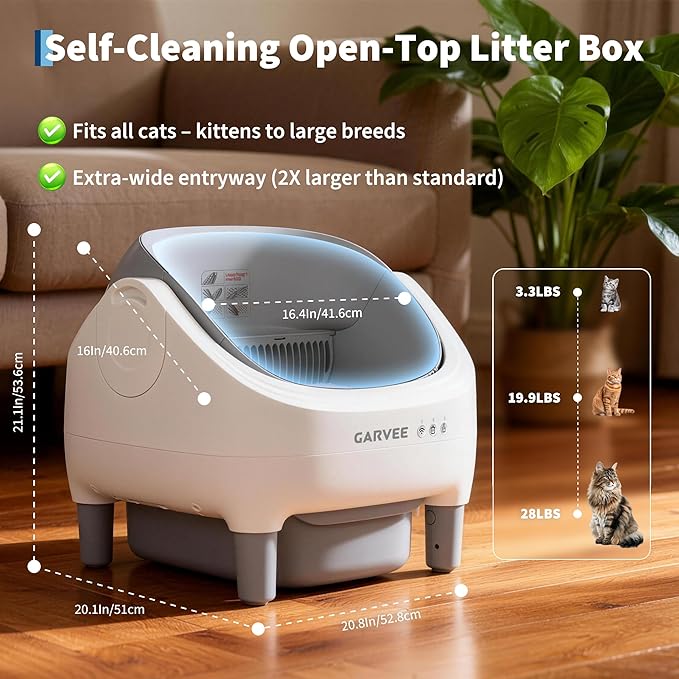 Self Cleaning Litter Box, Automatic Cat Litter Box with APP Control, Odor-Free Waste Disposal Includes Trash Bags, Large Waste Bin, Open-Top, for Large Cats & Multiple Cats
