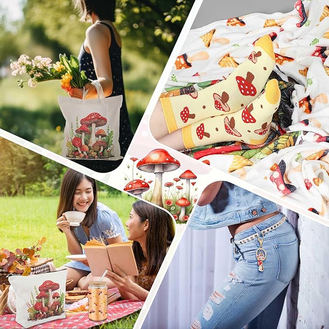 Paterr 6 Pcs Mushroom Themed Gifts for Women Christmas Canvas Tote Bag Makeup Bag Print Blanket Socks 16oz Glass Coffee Cup with Straw Cute Keychain for Christmas Birthday Girls Daughters Sister