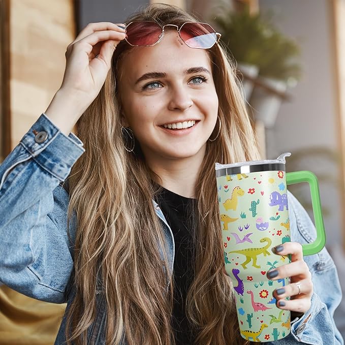 Stainless Steel Dinosaur Tumbler - 40 oz, Coffee Travel Mug with Lid and Straw, Perfect Dinosaur Gifts for Women
