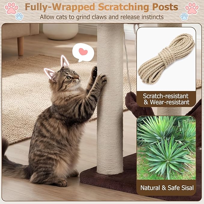Tangkula Modern Cat Tree Tower, Multi-Level Tall Activity Center with Natural Sisal Scratching Posts, Hammock, Hand-Made Cattail Cute Condo with Funny Toy Balls (Brown)