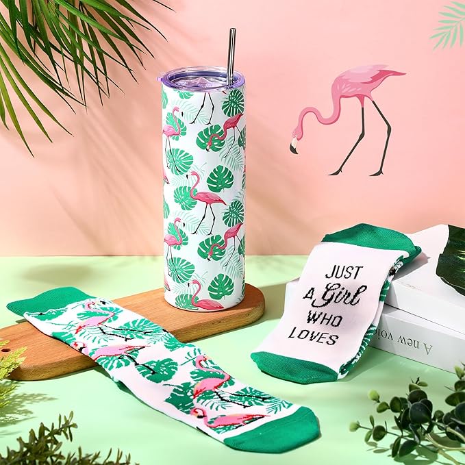 Funnymoom 2 Pack Flamingo Themed Gifts Set Skinny Tumbler 20 oz Travel Coffee Novelty Cute Animals Mug Socks, Christmas Birthday Party Favors