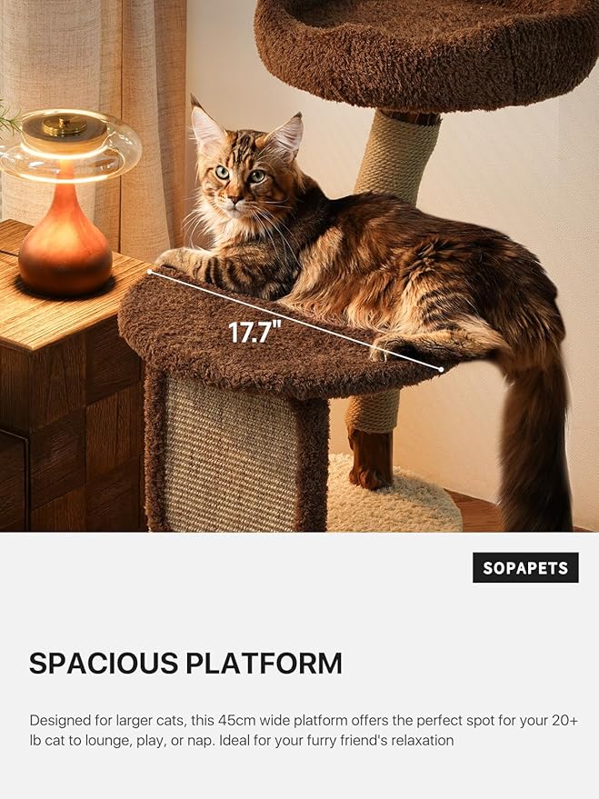Modern Cat Tree for Large Cats, 40 Inch Solid Wood Cat Tower & Luxury Condo for Indoor Cats Adult, Heavy-Duty Cat Tree for Maine Coon, Stable Multi-Level Scratching Post, Cozy Perch & Hideaway, Brown