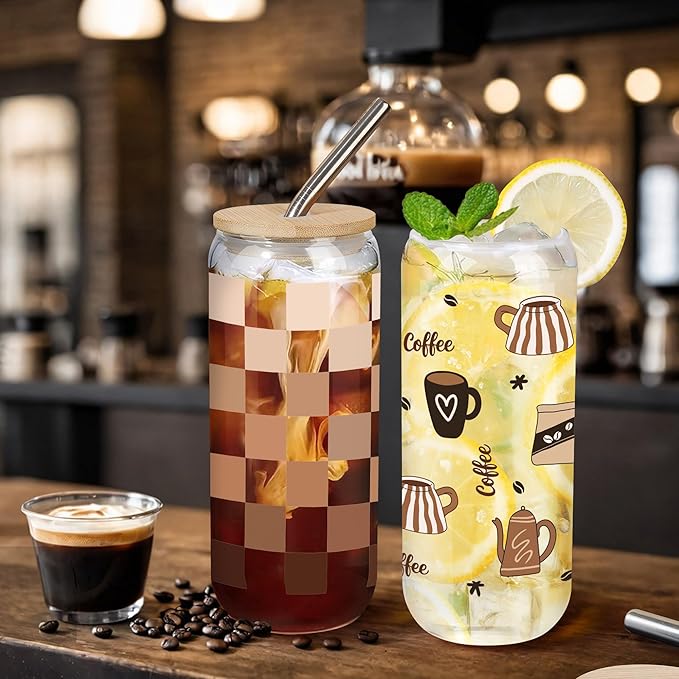 Joeyan Glass Cup with Lid and Straw - 20oz Iced Coffee Cups with Positive Crochet Coffee Mug Doll, Funny Coffee Gifts for Women, Coffee Lover Tumbler for Smoothie Boba Tea, Espresso Gift for Her