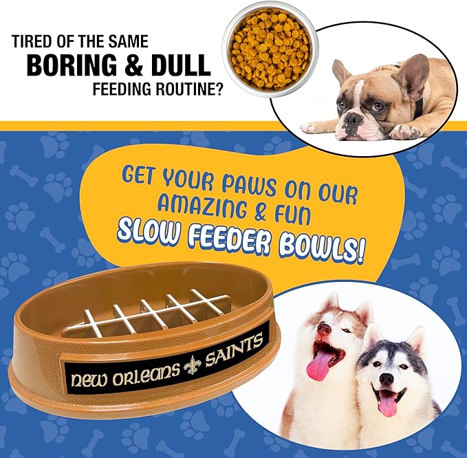 NFL Super-Bowl New Orleans Saints Slow Feeder Dog & Cat Bowl. Football Design for Healthy Digestion. Non-Slip for Large & Small Pets