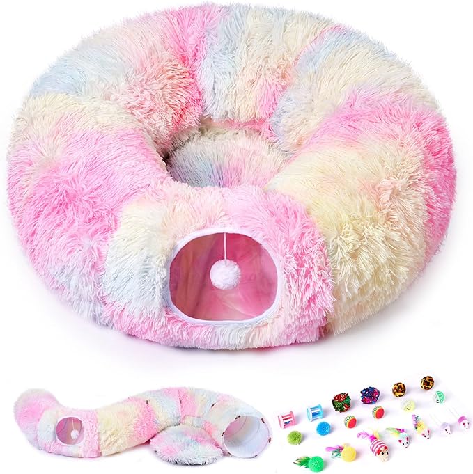 Cat Tunnel Bed with 20 Pcs Interactive Toys, 3-in-1 DIY Collapsible Plush Cat Tube with Washable Mat, Large Indoor Play Tunnel Cave for Kittens and Small Animals