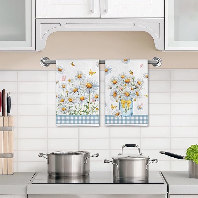 Hexagram Daisy Kitchen Towels Set of 2, Daisy Decor Gifts for Women, Funny Cute Housewarming Dish Hand Towels for Home Kitchen Decor