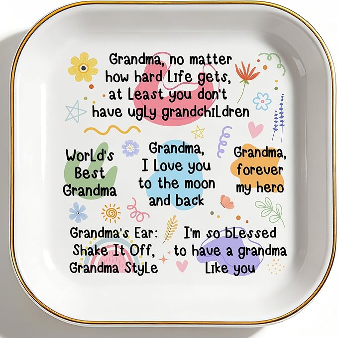 PUDDING CABIN Grandma Gifts: Jewelry Dish - At Least You Don't Have Ugly Grandchildren - Sentimental Gifts for Grandma Mother’s Day, Birthday, Christmas & Wedding