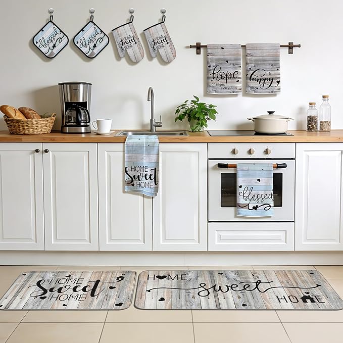 10 Pcs Farmhouse Kitchen Decor and Accessories Set 4 Kitchen Dish Towels 2 Pot Holders 2 Oven Mitts 2 Rugs for Floor Home Decorations Cooking Baking Mom Daughter Gifts Black White Brown