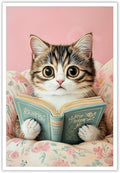 Funky Cute Cats Reading Books Canvas Wall Art Funny Pet Cat Animal Poster Trendy Pink Flower Wall Decor Cat Lovers Prints Painting For Home Bedroom Kids Room Dorm Wall Decor 16x24in Unframed