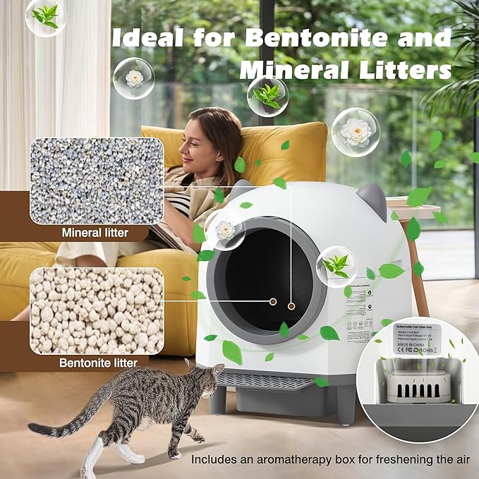 Grepatio Automatic Cat Litter Box, Self Cleaning Litter Box for Multiple Cat, APP Control, Safe Anti-Pinch, Weight Monitoring, Smart Cat Litter Box Includes Scent Cartridge, 2-Roll Garbage Bags