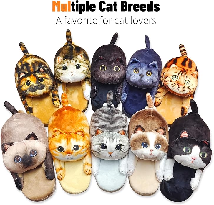 Funny Cat Slippers for Women,Fuzzy Animal Indoor House Shoes with Soft Memory Foam,Comfy Plush Warm Slip-on Slippers,Cat Gifts for Cat Lover