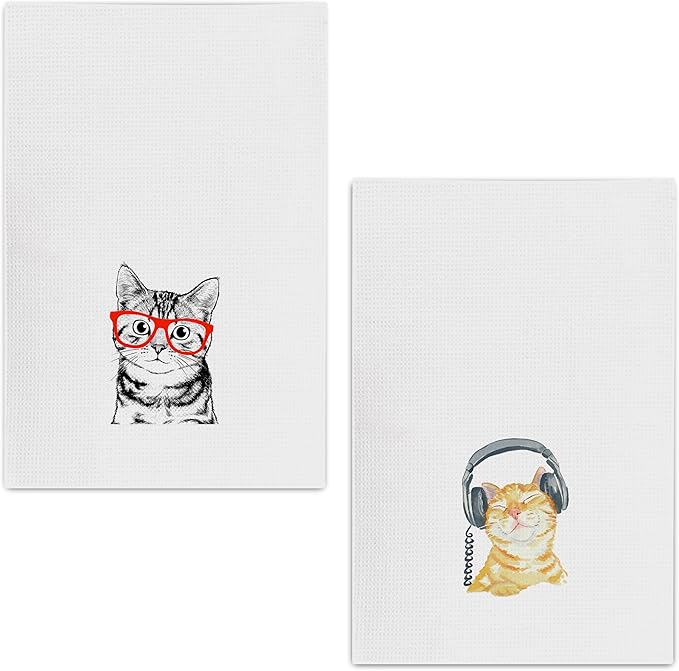 Kunlisa Cute Cat Towel Set - Decorative Kitchen Towels, Funny Cat Gifts (Set of 2 with Glasses)