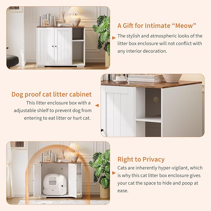 Garvee Dog-Proof Large Cat Litter Box Enclosure with Scratch Pad, Large Automatic Litter Box Furniture for Placing Self-Cleaning Litter Box,Litter Cabinet with Outlet,Space for Cat Stuffs