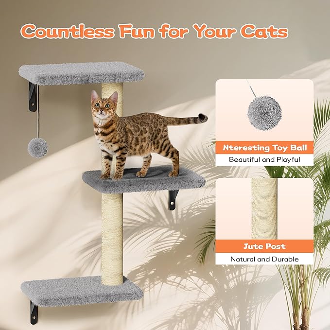 Cat Wall Shelves for Large Cats, Stable & Safe Kitty Walls Furniture Set for 40LBS Cats with Wooden Cat Climber,House, Bridge, Tree, Steps, and Scratcher for 16 Inch Drywall (Grey, 5-in-1)