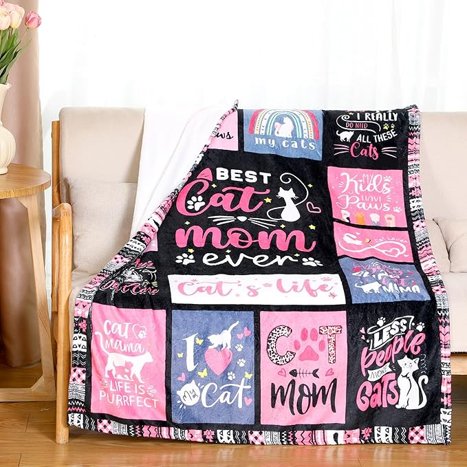Didaey 12 Pcs Mother's Day Cat Lover Gifts for Mom Women Cute Blanket Socks Coffee Mug Cosmetic Bag Keychain Bracelet Cards Scrunchie Cats Themed Gift Set for Birthday Mom Ideas
