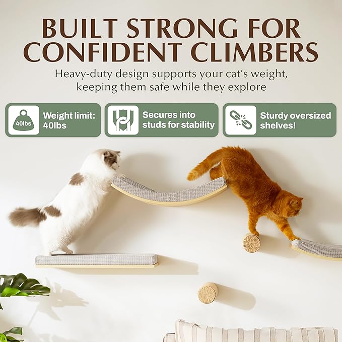 Extra Large 23.6”×14.6” CALLICO HAVEN- Stylish Cat Wall Shelves with Curved Design, Modern Wall-Mounted Cat Tree Hammock with Soft Cushion, Sturdy/Hidden Mounts, Washable Cover, Sleek Design -C Shape